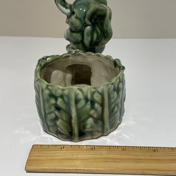 VTG Majolica Style Elephant Planter Bamboo Succulent Trunk Up Good Luck Green - Picture 11 of 11